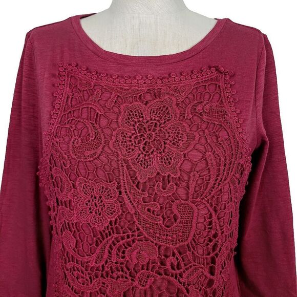 Sundance Top S Burgundy Red Knit Embroidered Lace‎ Long Sleeve Boho Pullover - Picture 2 of 9